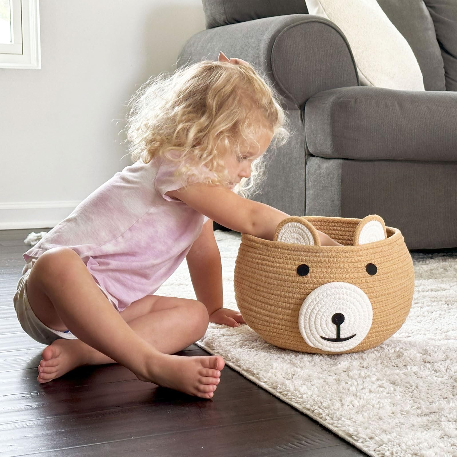 Cherrynow Cute Bear Round Basket - Cotton Rope Baskets In Living Room Woven Baby Shower Basket Bedroom Storage Bakset For Children Corner Plant Basket Indoor, Brown, 10.5'D X 8.5'H